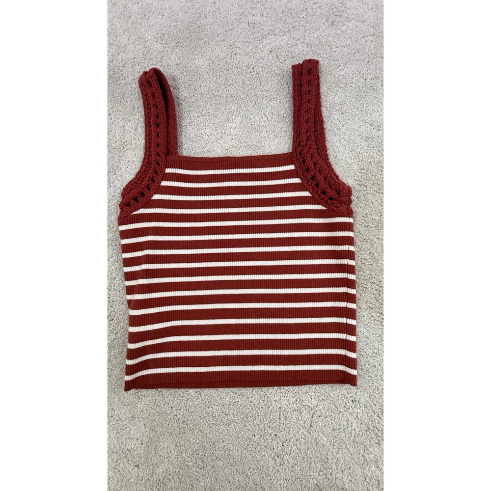 Aerie Womens Red/White Striped Knit Square Neck Crochet Wide Strap Tank - M